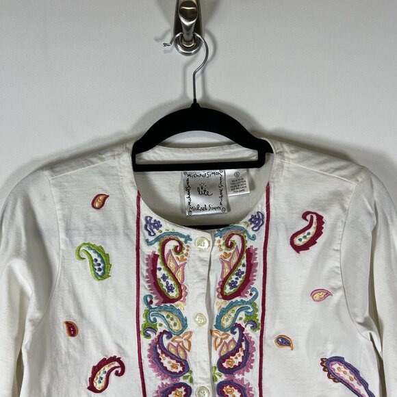 MICHAEL SIMON Vintage White Embroidered Paisley Longsleeve Cotton Cardigan Small - Picture 2 of 8
